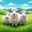 Placeholder: create an image with 4 sheep with the typography, happy face "sheep of faith", 2d, cartoon style, chibbi, kawai, a green field and blue sky in the background