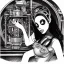 Placeholder: great illustrator, spanish, pencil sketch of a cute girl, beautiful, steampunk syle, black and white. Helmet with tubes. venetian mask. Machinery in the background. talking to a robotic bird. High details.