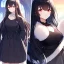 Placeholder: Clear focus,8k,Beatiful Lighting,Detailed,black long hair,fluffy hair, long fluffy bangs, red eyes, wearing a black outfit with a short black skirt