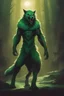 Placeholder: concept art of a werewolf with green fur, digital artwork, illustrative, painterly, matte painting, highly detailed, cinematic composition