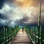 Placeholder: view from behind of japanese girl with bamboo umbrella looking up a stormy sky with an opening of white clouds and sunlight, wooden walkway, ocean, 8k, high-quality, ultrafine-detail, intricate, digital painting, brian froud, howard lyon, selina french, anna dittmann, annie stokes, Greg Rutowski