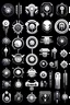 Placeholder: vector monochromatic science-fiction techno cyberpunk icons and symbols in white color displayed on the black background