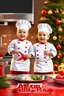 Placeholder: Hyperrealistic 3D images of beautiful 18-month-old babies dressed as chefs in a kitchen with a Christmas atmosphere, dancing and wishing a "Merry Christmas".