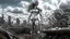 Placeholder: three-quarter view of a woman in a silver robotic catsuit standing in a futuristic derelict city with mushrooms with tentacles, floating in the sky