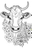 Placeholder: Outline portrait of cow and background fill with flowers on white paper with black outline only