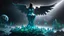 Placeholder: angel with a wings siting on the blue monolith made of blue tiberium crystals of lights, matrix universe, planets on the back grounds, green crystals of tiberium on the life and right