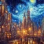 Placeholder: painting of a city in a fantasy starry night photorealistic