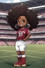 Placeholder: A sassy thick-lined comic book art cartoon image of a black chibi girl standing in front of a football stadium. She is wearing a University of South Carolina football jersey with tight white jeans and timberland boots. behind her curvy body. Looking up coyly, she grins widely, showing sharp teeth. Her poofy hair forms a mane framing her confident, regal expression. Prominent maekup with hazel eyes. Hair is highly detailed.