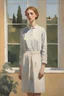 Placeholder: Full body portrait in Maria Lassing-Euan Uglow oil painting wanderlast woman face fashion in a garden with sunlight from the right. window in background