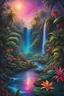 Placeholder: Astronaut walk in Tropical Extraterrestrial Paradise, Alien Flora and Fauna, Vibrant Bioluminescence Illuminates Night, Otherworldly Jungle Teeming with Colors, Exotic Creatures Emitting Ethereal Glow, Uncharted Wilderness, Glowing Trails Amid Lush Foliage, Cosmic Moonlight Filters Through Unfamiliar Leaves, Starlit Canopy Creates Magic, Bioluminescent Waterfalls Cascade in Spectral Hues, Prismatic Waters Reflect Celestial Splendor, Intricate Ecosystem, Detailed Alien Botany, 4k, Ultra HD, Volum