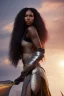 Placeholder: A black woman with silky long hair, wearing revealing combat armor, fantasy setting, ethereal, soft lighting