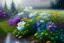 Placeholder: Oil painting of a landscape, wit several kinds of summer flowers blossoming, on a rainy day, realistic colors, ultra high details