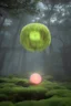 Placeholder: floating suspended translucent glowing orb above pedestal, misty, inside overgrown moss vines labrotory, sacred geometry object inside translucent floating orb, aura foggy mist, tesseract, purple, green, gold