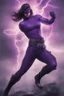 Placeholder: THE PHANTOM, Strong, athletic physique, action poses, skin-tight, formfitting purple bodysuit, skin-tight, formfitting purple cowl, black eye disguise, black utility belt, double holstered pistol belt, black knee-high boots, glowing white eyes, battle scars, blood, ((foggy, cloudy background, multicolored lightning, flowing lava, Full Eclipse, aliens, explosions, bright, vibrant, extremely colorful, detailed, blood red skies))