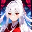 Placeholder: Clear focus, 8k, beautiful lighting, vibrant colors, girl, white hair, long hair, vibrant red eyes, ponytail, same twins, white hair, red eyes, same clothes, miko, hair in between the eyes,