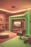 Placeholder: scene of a big cozy underground survival bunker with round blast door, pistachio-colored walls, recreation zone, 80s aesthetic, big tv, VR headsets, videogame consoles, board games, cozy chair, bright accent lighting, cinematic, octane render, rim light