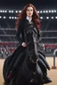 Placeholder: A portrait of a human woman with long brown hair and red eyes wearing competitive horse riding clothes, riding a black horse, modern dressage arena setting, anime style, intricately detailed, masterpiece, HD, 4k