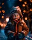 Placeholder: Little girl with christmas lights enjoying the holidays outdoors in snowfall. Happy cute child girl playing with Chistmas festive lights. digital ai