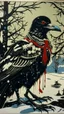 Placeholder: A contemporary serigraphy painting by Matisse of a human-like and happy crow adorned in a punk leather jacket within a snowy Christmas atmosphere.