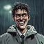 Placeholder: a closeup of a psychopathic young man with white eyes in a heavy coat during a rainstorm laughing cartoon