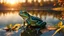 Placeholder: a frog sitting at a pond, only the frog made of ral-semiconductor, haze lighting, sunset, autumn, 4k, uhd, masterpiece