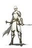 Placeholder: full length, tall 22-year old, shaved head, grey-eyed female cleric wearing scale mail with a sickle