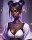 Placeholder: arcane tv show style, league of legends, solo, 1girl, attractive teenager, african, dark skin, dark-brown eyes, black hair, pair buns, violet strands of forehead bangs, necklace, earrings, modern makeup, (detailed skin texture), white oversize shirt