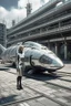 Placeholder: a photorealistic sleek, long, silver spaceship sitting in the street of a dystopian futuristic ruined alien city, with a woman in a silver suit, standing in front