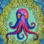 Placeholder: Cute friendly beautiful octopus symmetrical in center, in background algae and starfish, modern painting