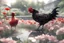 Placeholder: red and black chicken and small chibi duck in a flowergarden with beautiful flowers, pond, in sunshine, H.R. Giger, anime, steampunk, sürreal, watercolor and black in outlines, golden glitter, ethereal, cinematic postprocessing, bokeh, dof