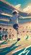 Placeholder: anime soccer player running as fast as the light, crowded stadium in the background