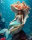 Placeholder: realistic photo rendering picture full body beautiful Mermaid sit pose on large mollusk shell,she wearing luxurious shimmer hat large made from borroque elements flowers sea, seaworld,underwater full of sorrounded bigbubble waters