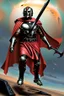 Placeholder: Planet Mars portrayed as a menacing man wearing Roman-like armour, a red cape, and a spartan helmet that covers his face entirely, he is armed with a spear and a spartan shield, his armour is covered with battle marks