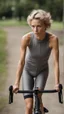 Placeholder: photography of a beautiful anorexic woman, grey satin triathlon top, sports illustrated, blond short wavy bob haircut, pronounced sternum, flat chest, anthracite cycling leggins