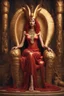 Placeholder: A mature Egyptian goddess with red hair and amber eyes, wearing a red silk gown and a necklace of scarabs. She is sitting on a throne made of gold, carved with the head of a wise and ancient dragon