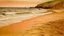 Placeholder: A light rosy orange colored beach near a cove painted by Edvard Munch