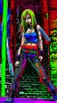 Placeholder: teen woman in retro-futurist cyberpunk costuming with pants and sheathed swords leaning to the side with shoulder against a brick pillar, add a background of brick with graffiti of a large arrow pointing to the right and text of the word "PUB" on lower left