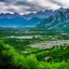 Placeholder: large city in the green valley between the mountains