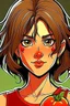 Placeholder: Tomato super Villain girl with dark brown hair and brown eyes in the style of The Boys Comic.