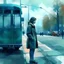 Placeholder: una mujer esperando el colectivo en un entorno urbano, estilo artístico impresionista