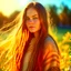 Placeholder: Young woman with long hair made of wool, in the sun