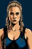 Placeholder: A woman with two blonde braids wearing a black tank top and plate trousers while being muscular, blue eyes, digital art style