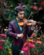 Placeholder: Gorgeous Realistic Photography a handsome young man a stunning adorned in vibrant luxury carnival attire, headphones,playing violin standing in garden park flowers,ethereal beauty, black background, with swirling colors and fantastical tiny flowers, enchantment and grace, twisted vines, whimsical, surreal landscapes, emotive style, dreamlike quality, and magical realism, carnival red, ethereal pink, whimsical blue, vibrant green, celestial purple, golden amber