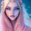 Placeholder: beautiful, soft, big smile face, whole head, long straight blonde hair blues eyes, crown on the head, clothing in transparent bluish and pink veil, background brillante bluish and pink, hight definition, 8K