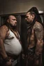 Placeholder: half figure shot photography of two ugly gypsies close, face to face, 30 years old with dreadlocks, overweight muscular chubby, tattoo, beard, bullneck, shirtless, manly chest, hairy torso , embraced, broken short pants,, angry eyes, in an elevator, top light, ambient occlusion, photorealistic, side view from the ground