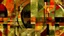 Placeholder: Abstract geometric composition, mixed media graphic design, retro-futuristic aesthetic, distressed canvas texture, split background, mustard yellow and grunge olive green, overlapping translucent squares, textured sun circle, fine architectural drafting lines, red contradiction interlock, glowing red tint, dynamic juxtaposed symbolic (((stick figures made of rusty scrap metal))) walking on a long dark negative space glass passageway like bridge, front view