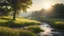 Placeholder: Beautiful realistic rural landscape, warm sunshine, lush plant growth, flowers, human habitation, brook, peaceful, delightful, idyll, award-winning photograph, detail, beautiful composition, attractive colour, chiaroscuro