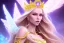 Placeholder: beautiful, very soft, smiling, very straight and long blonde hair, dewy and shiny vibe, diamond crown, long fairy wings in the back, full head, golden veil clothes, smiling, bachground lights pink and blue