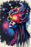 Placeholder: Abstract image inspired by karem beyit style, featuring an abstract fauvism bursting high wave an nebula on her head, droste effect, she against an outerspace. neon rainbow barcode and Qris , fire works and paper works
