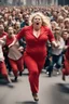 Placeholder: an obese terrified blonde woman in a red pant suit desperately running away from an angry mob of hundreds of people chasing her from far behind